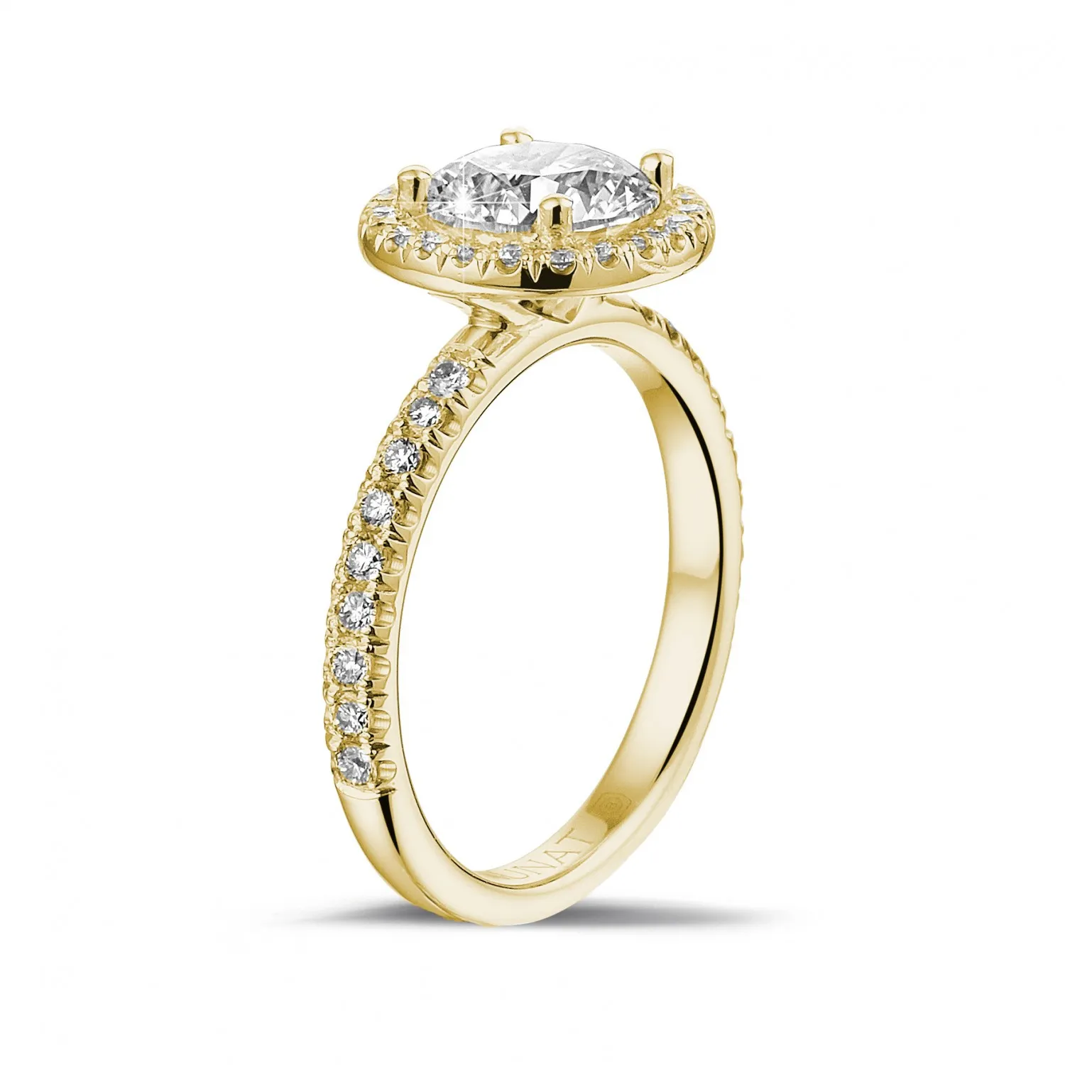 1.50 quilates Halo anillo solitario en oro amarillo con diamantes redondos 