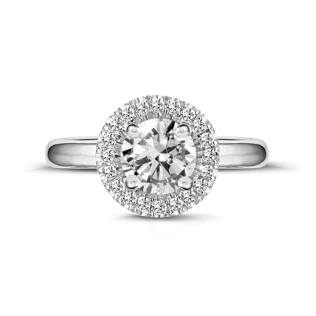 1.50 quilates Halo anillo solitario en platino con diamantes redondos 