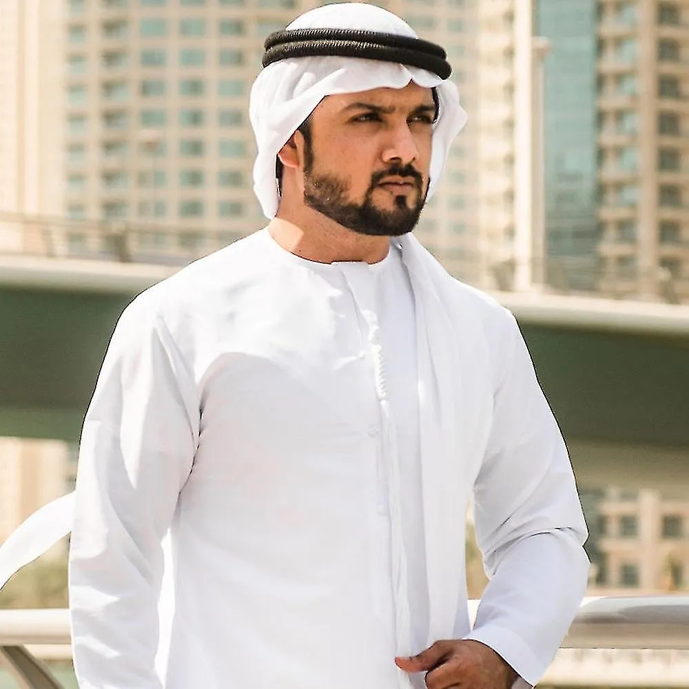 3pc Hombres musulmanes conjuntos Abaya túnica +turbante + diadema O cuello blanco islámico árabe saudí oración Ramadán ropa Duba