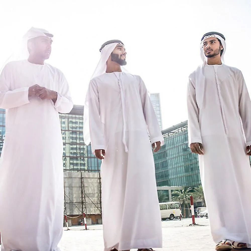 3pc Hombres musulmanes conjuntos Abaya túnica +turbante + diadema O cuello blanco islámico árabe saudí oración Ramadán ropa Duba