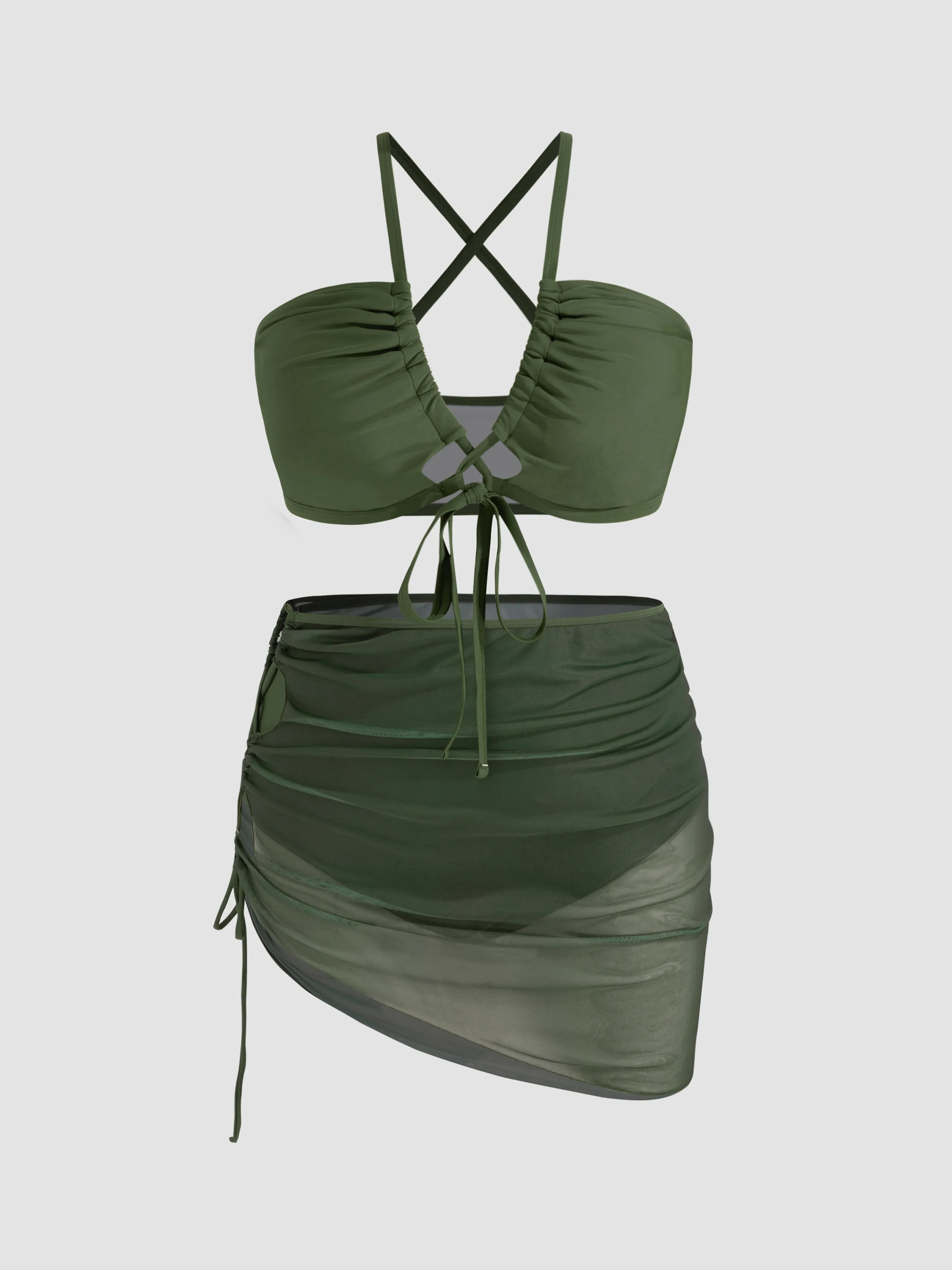 Bikini de Cobertura Completa con Control de Abdomen y Escote en V con Pareo de Malla Curvy