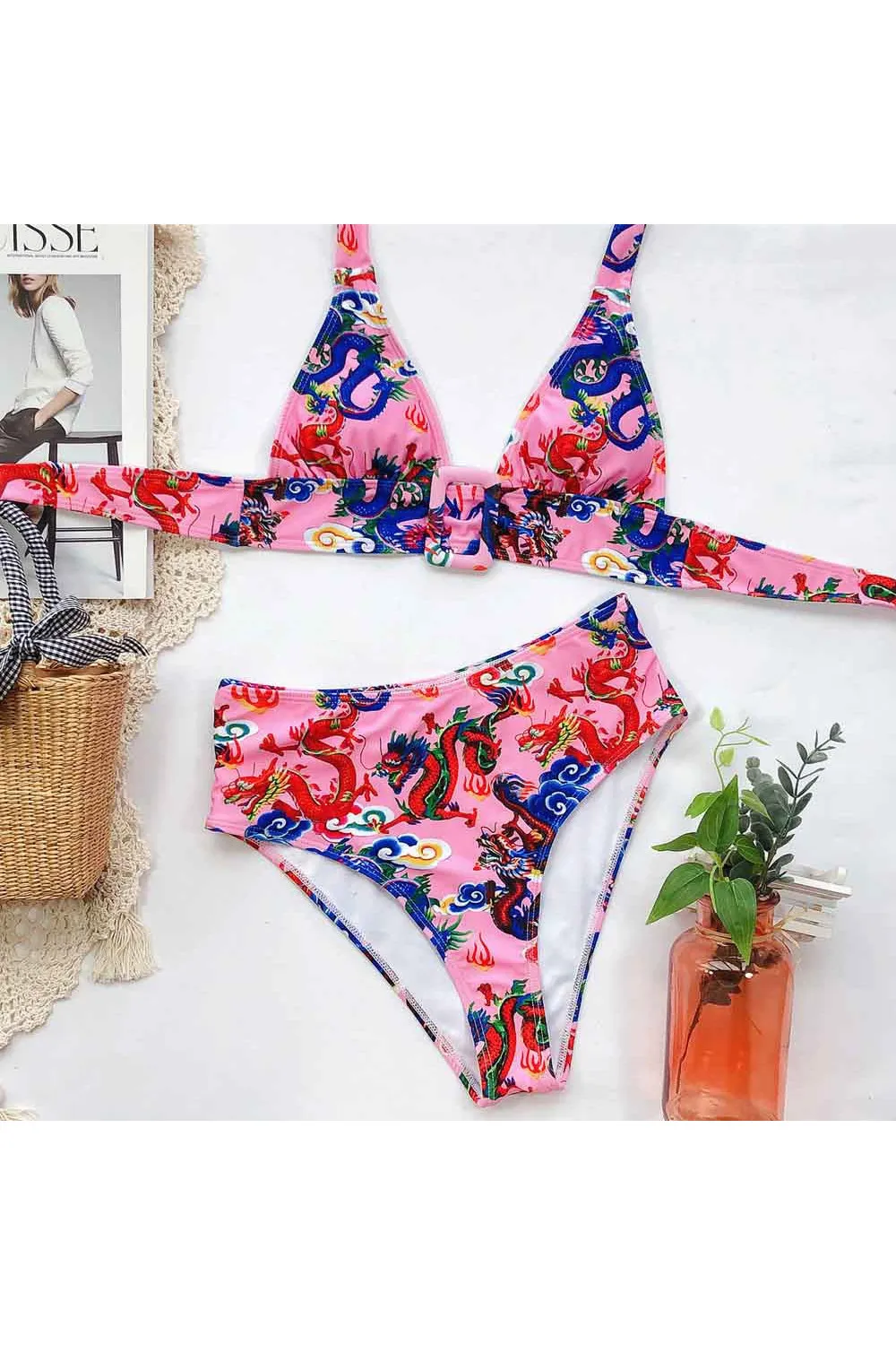 Bikini estampado dragones rosa