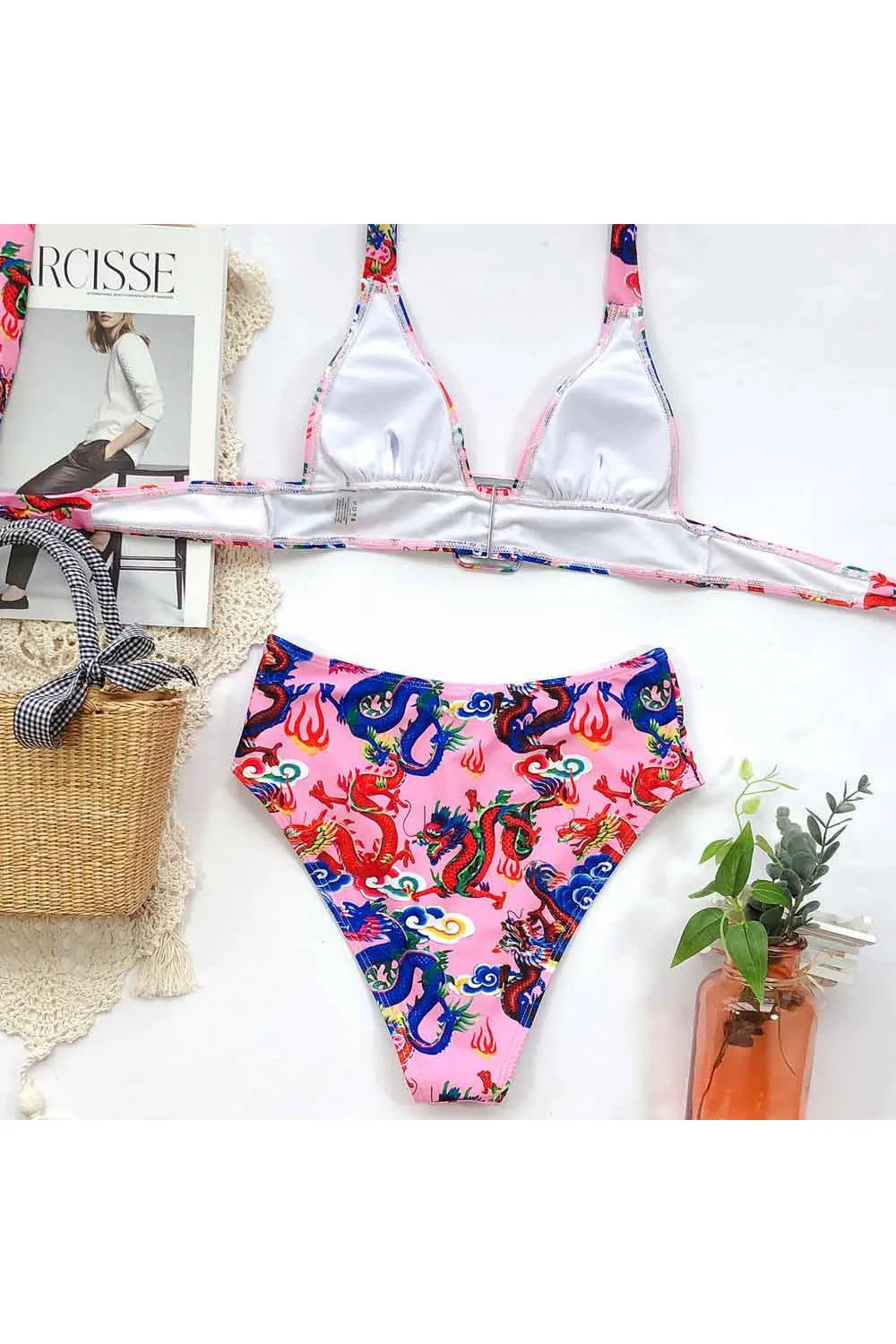 Bikini estampado dragones rosa