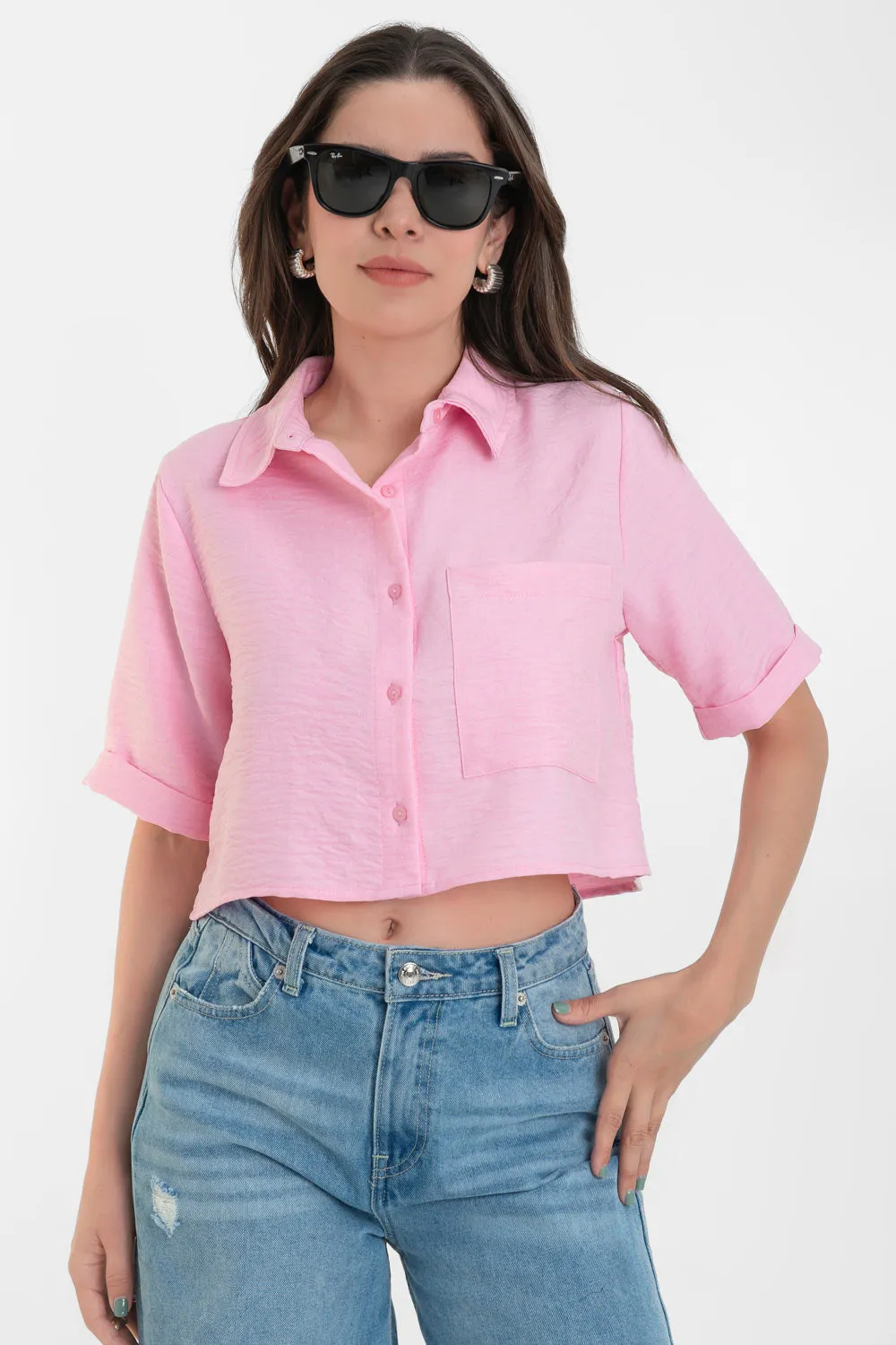 Camisa corta recta manga corta con bolsillo