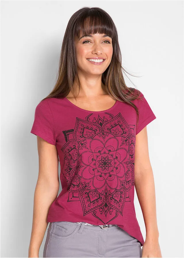 Camiseta de hilo flameado de manga corta Morado con estampado gráfico