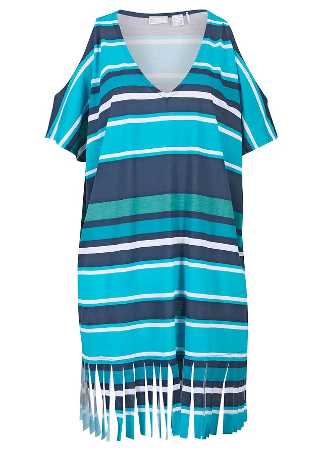 Camiseta larga de playa con aberturas y de viscosa sostenible azul / turquesa con rayas