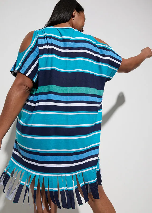 Camiseta larga de playa con aberturas y de viscosa sostenible azul / turquesa con rayas