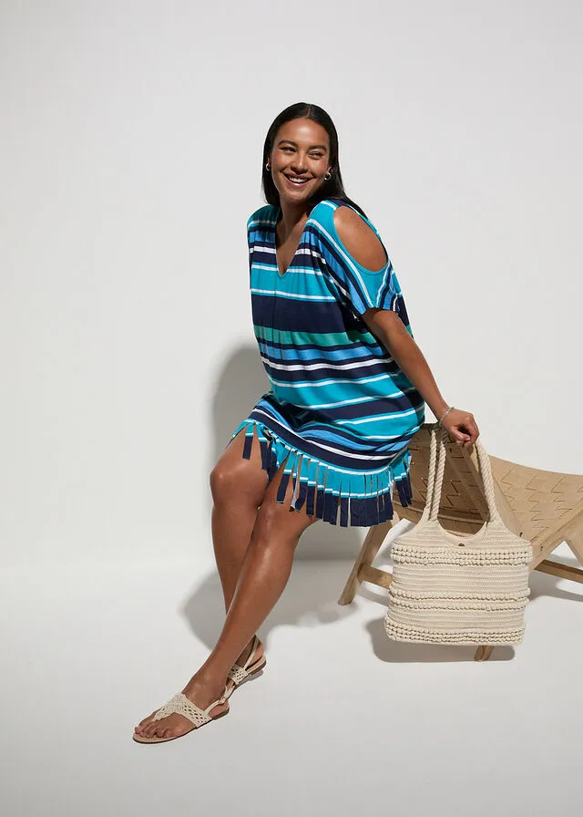 Camiseta larga de playa con aberturas y de viscosa sostenible azul / turquesa con rayas