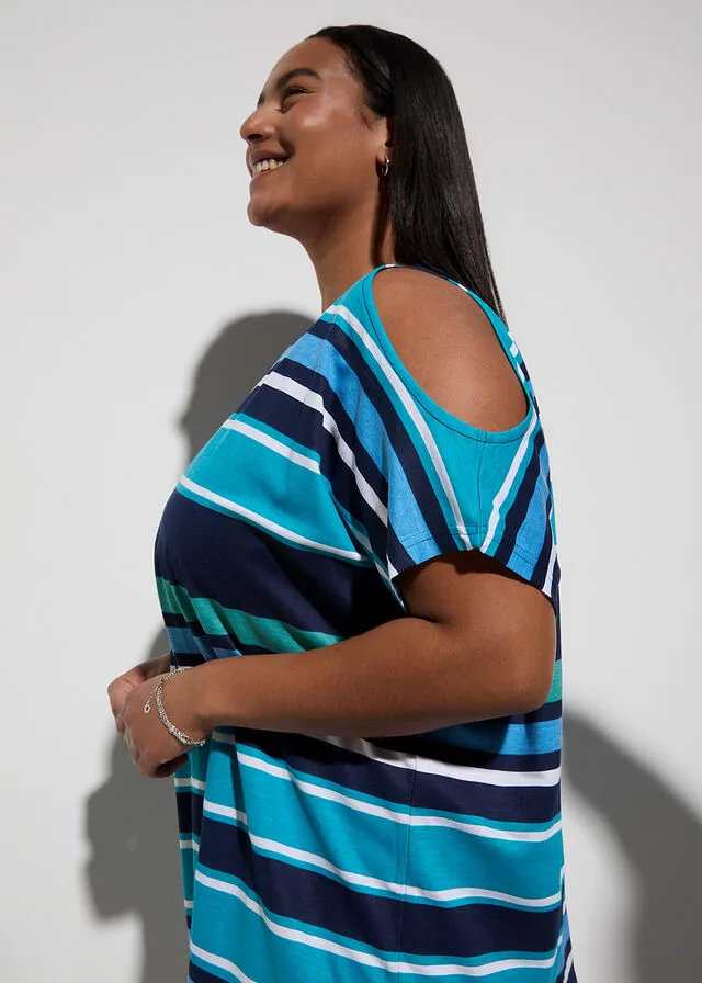 Camiseta larga de playa con aberturas y de viscosa sostenible azul / turquesa con rayas