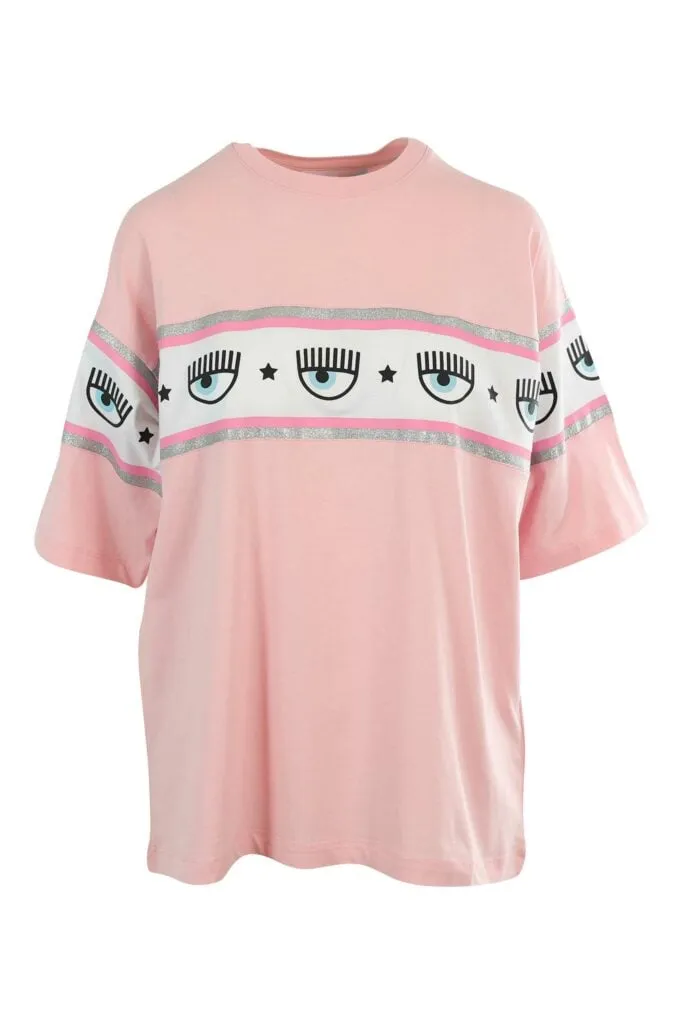 Camiseta rosa manga ancha con logo ojo en cinta