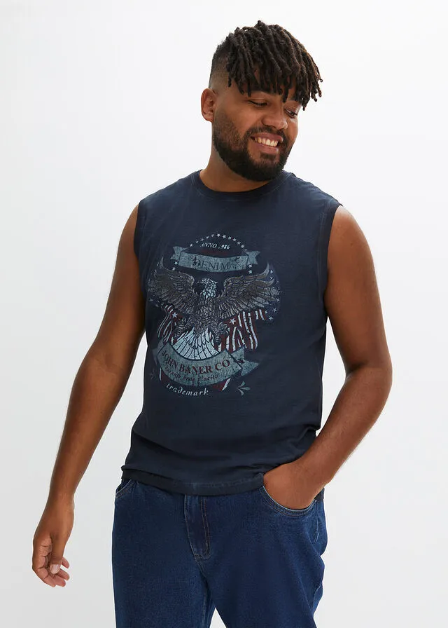 Camiseta sin mangas con efecto desgastado Azul marino estampado