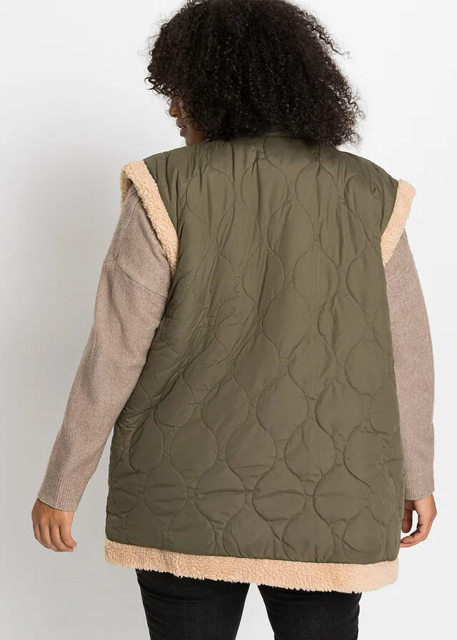 CHALECO GUATEADO REVERSIBLE CON PELO VERDE OLIVA OSCUROCAFé CON LECHE
