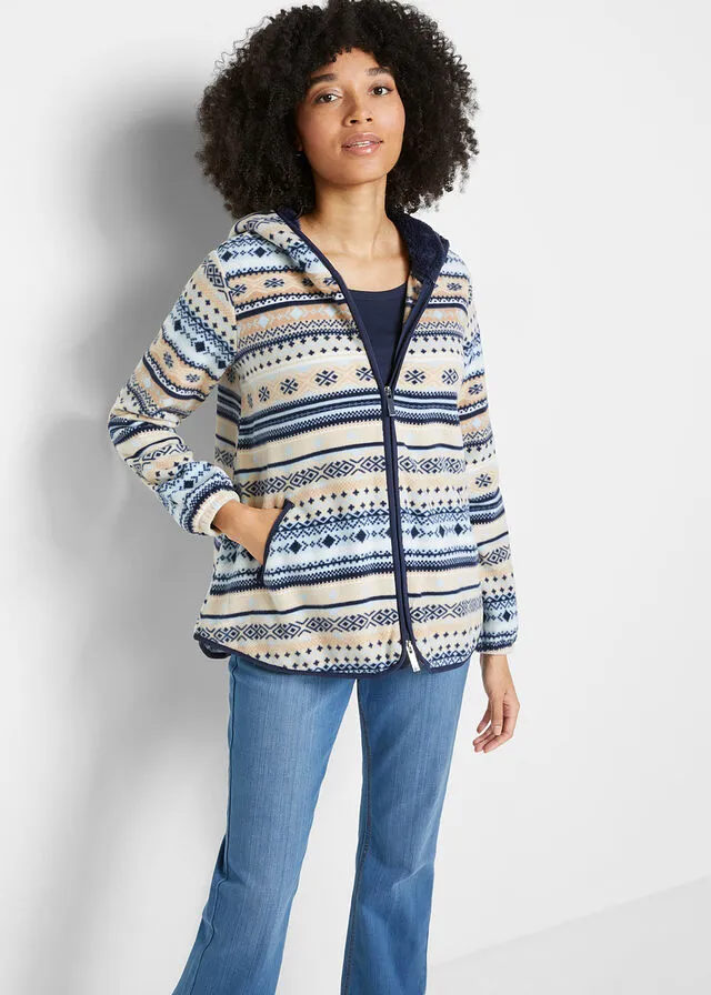 Chaqueta polar con capucha y estampado noruego gris guijarro/blanco