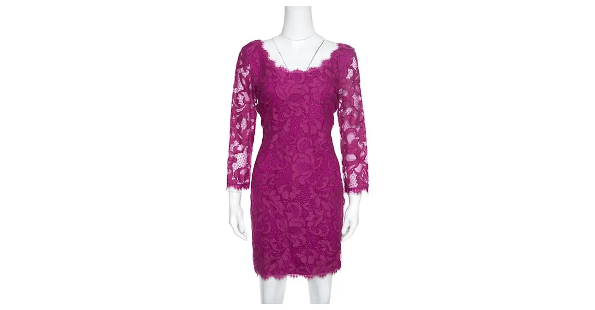 Diane Von Furstenberg Vestido fucsia con escote redondo de encaje Zarita de DvF 