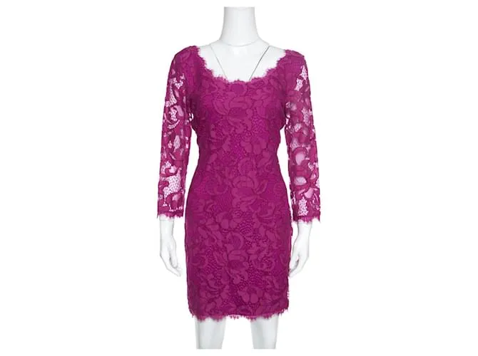 Diane Von Furstenberg Vestido fucsia con escote redondo de encaje Zarita de DvF 