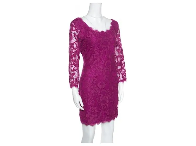 Diane Von Furstenberg Vestido fucsia con escote redondo de encaje Zarita de DvF 
