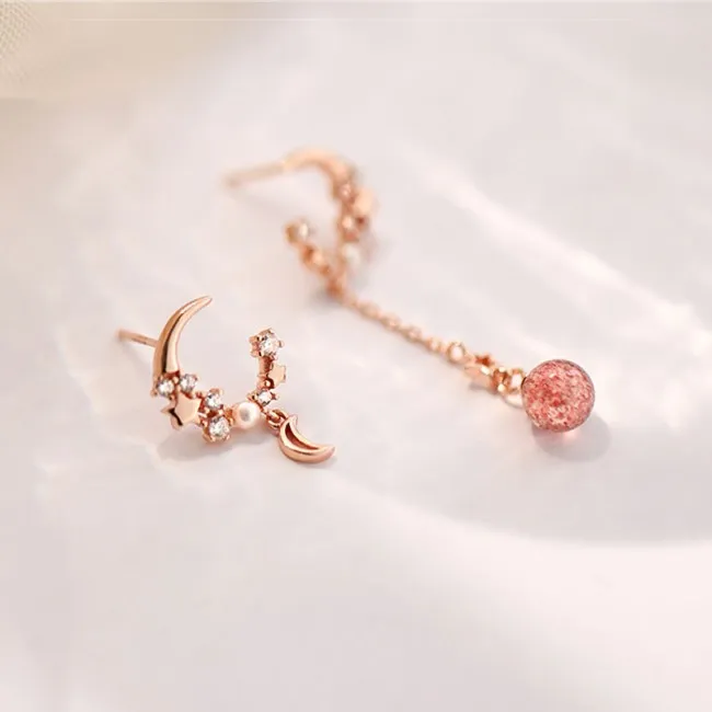 Fashion Moon Star Zircon Pink Crystal Ear Drop Pearl Asymmetry Women's Earrings Studs