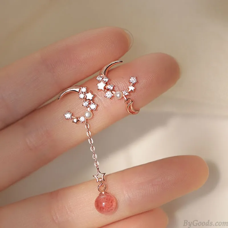 Fashion Moon Star Zircon Pink Crystal Ear Drop Pearl Asymmetry Women's Earrings Studs