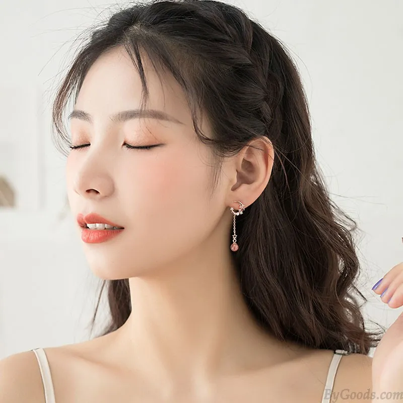 Fashion Moon Star Zircon Pink Crystal Ear Drop Pearl Asymmetry Women's Earrings Studs