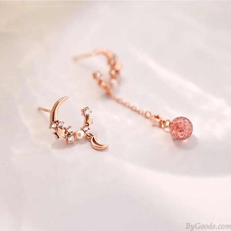 Fashion Moon Star Zircon Pink Crystal Ear Drop Pearl Asymmetry Women's Earrings Studs