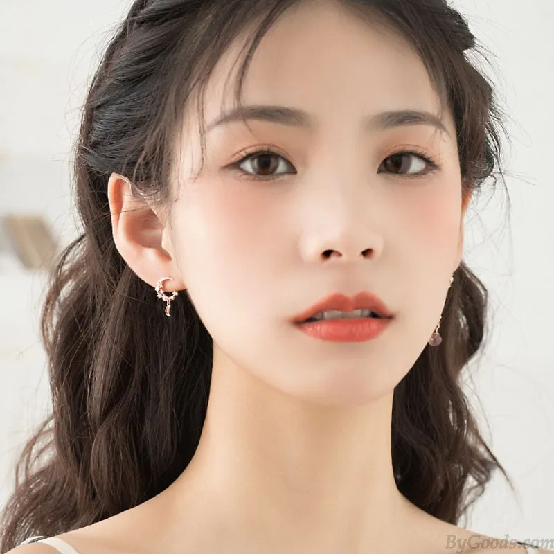 Fashion Moon Star Zircon Pink Crystal Ear Drop Pearl Asymmetry Women's Earrings Studs