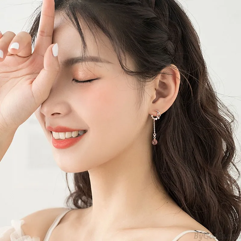 Fashion Moon Star Zircon Pink Crystal Ear Drop Pearl Asymmetry Women's Earrings Studs