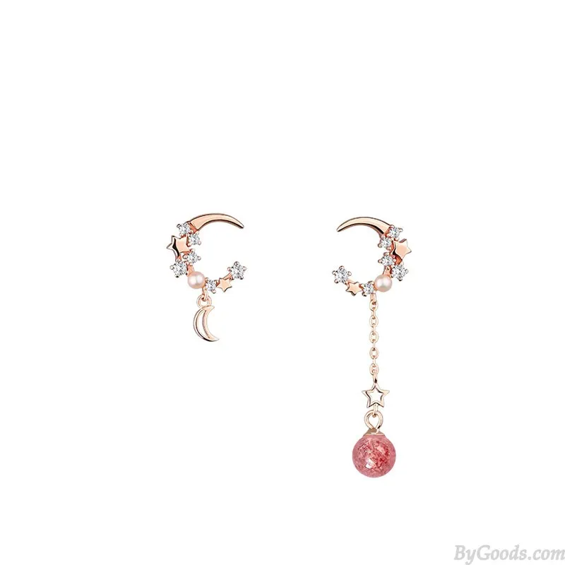 Fashion Moon Star Zircon Pink Crystal Ear Drop Pearl Asymmetry Women's Earrings Studs