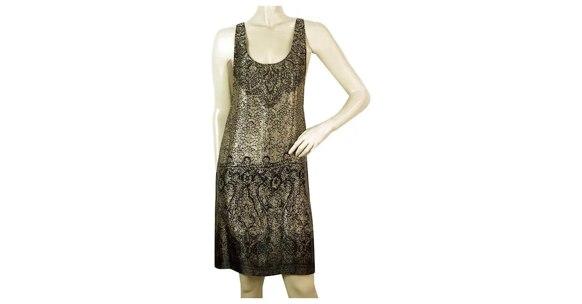 Juicy Couture Caqui Negro Abstracto Sin Mangas 100% Mini Vestido Tanque De Seda Talla M Castaño Beige 