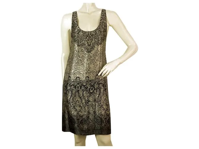 Juicy Couture Caqui Negro Abstracto Sin Mangas 100% Mini Vestido Tanque De Seda Talla M Castaño Beige 