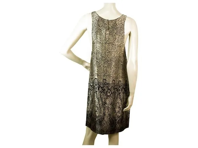 Juicy Couture Caqui Negro Abstracto Sin Mangas 100% Mini Vestido Tanque De Seda Talla M Castaño Beige 