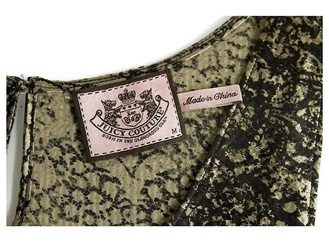 Juicy Couture Caqui Negro Abstracto Sin Mangas 100% Mini Vestido Tanque De Seda Talla M Castaño Beige 
