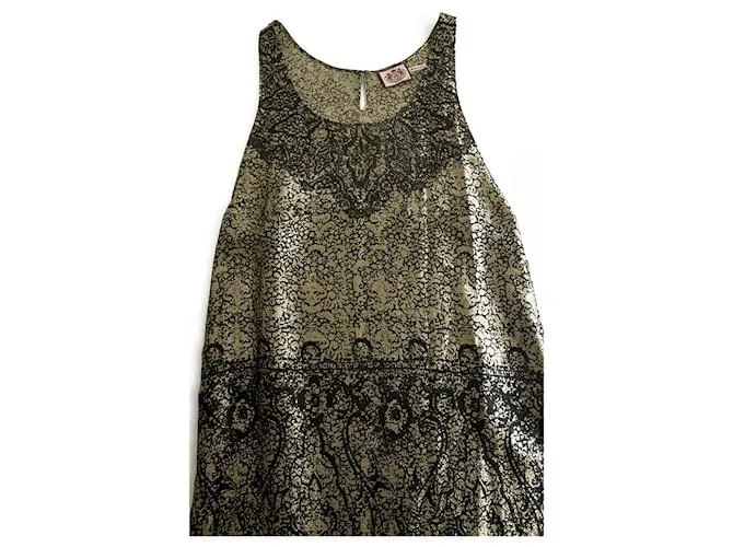 Juicy Couture Caqui Negro Abstracto Sin Mangas 100% Mini Vestido Tanque De Seda Talla M Castaño Beige 