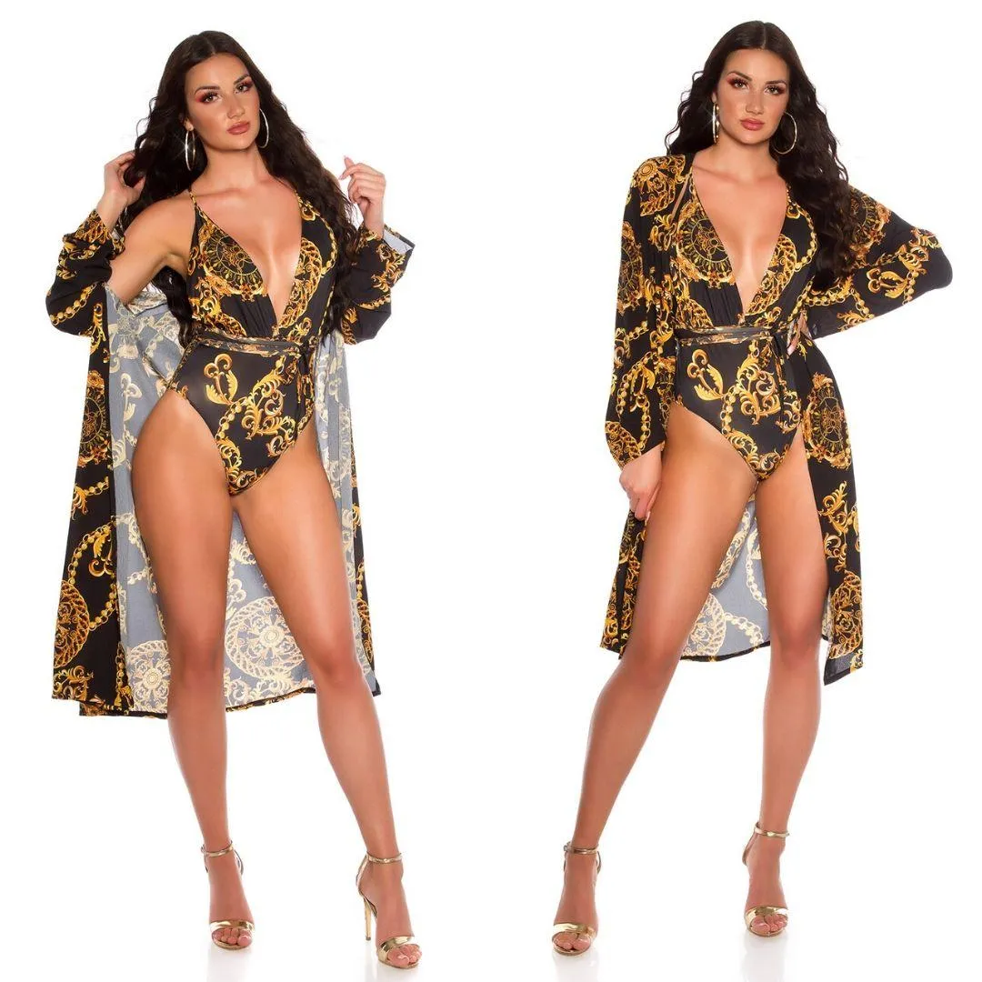 Kimono negro veraniego estampado 