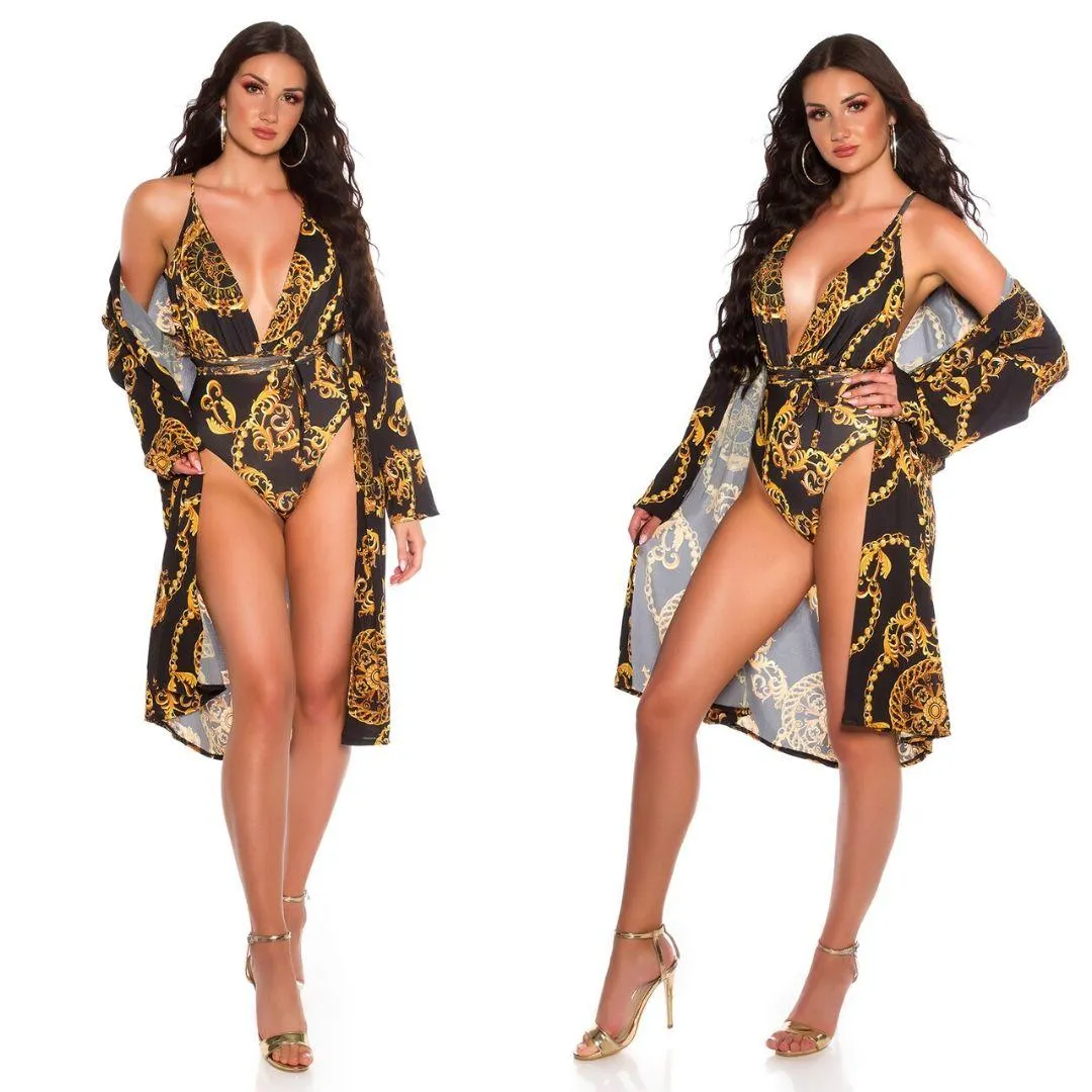 Kimono negro veraniego estampado 