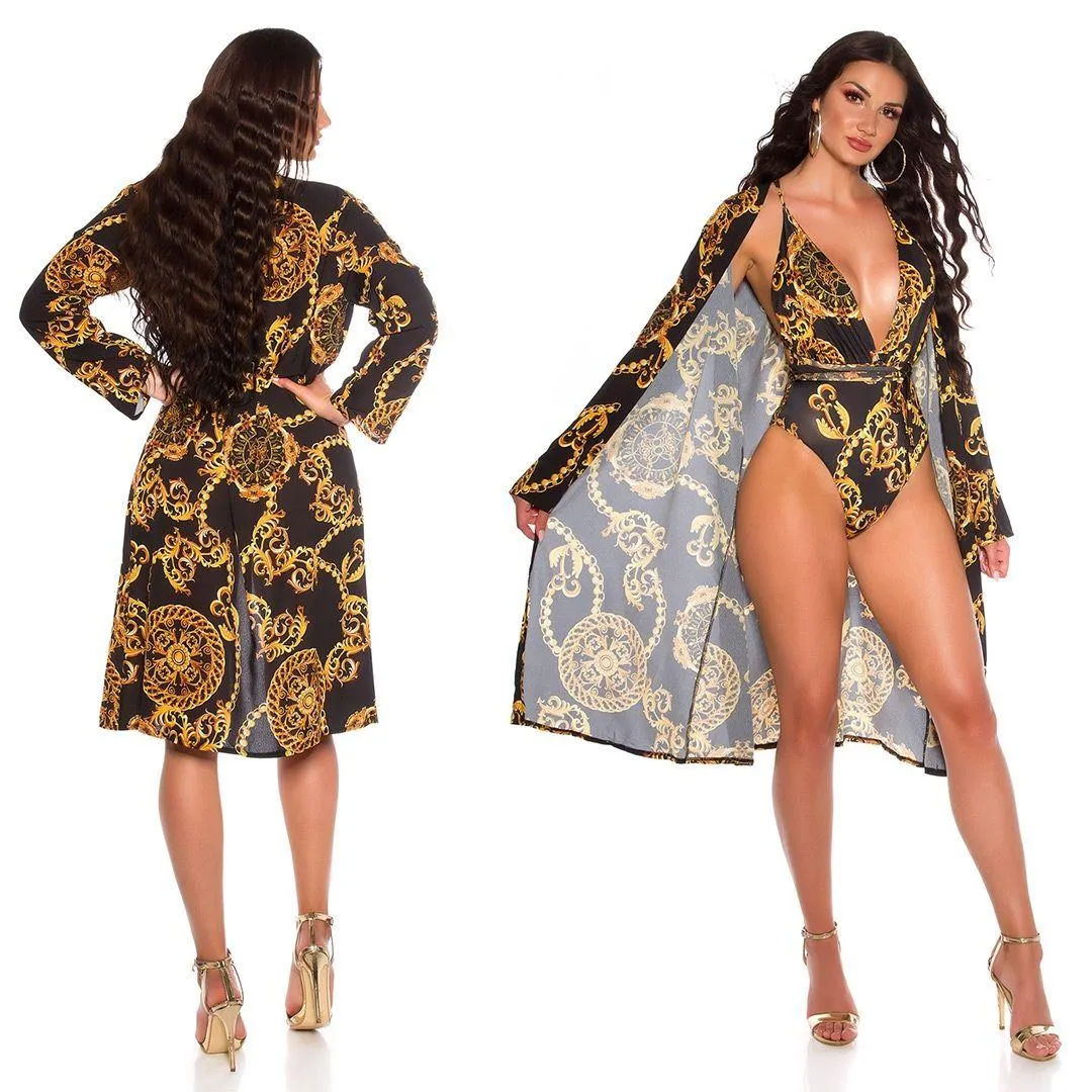 Kimono negro veraniego estampado 