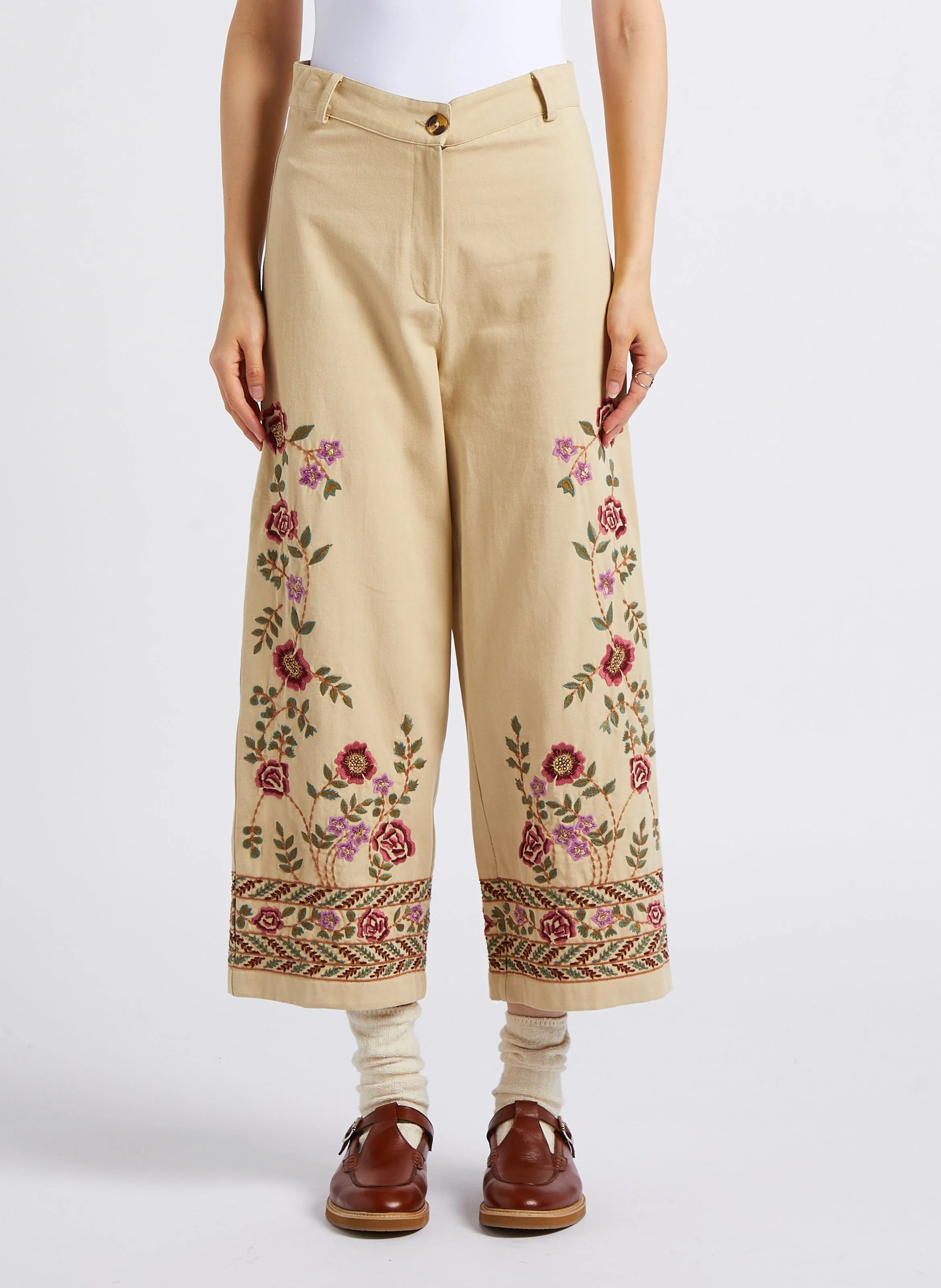LOUISE MISHA NOVINA  PANTALóN ANCHO DE TALLE ALTO BORDADO EN ALGODóN ORGáNICO. EN MARRON