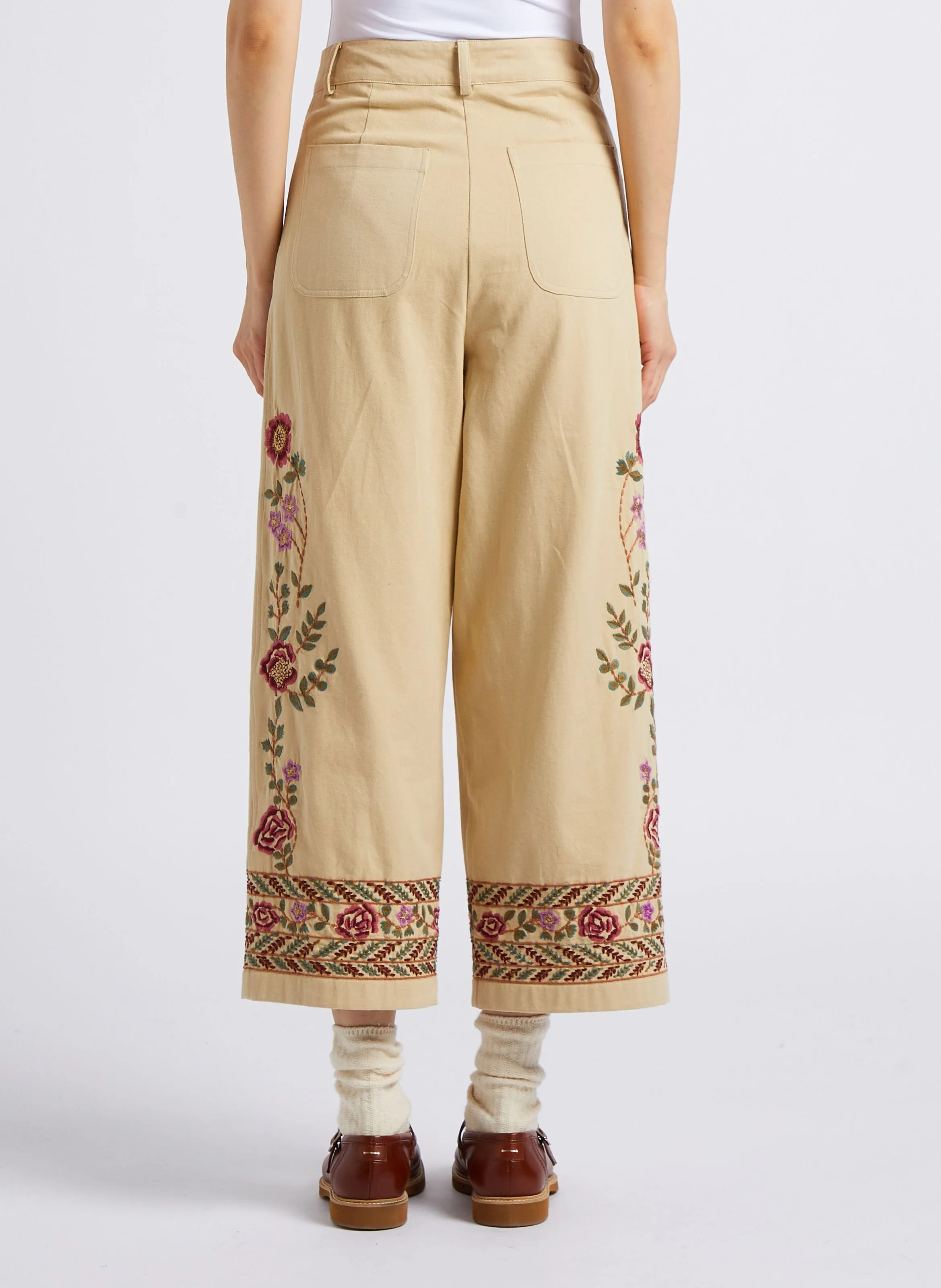 LOUISE MISHA NOVINA  PANTALóN ANCHO DE TALLE ALTO BORDADO EN ALGODóN ORGáNICO. EN MARRON