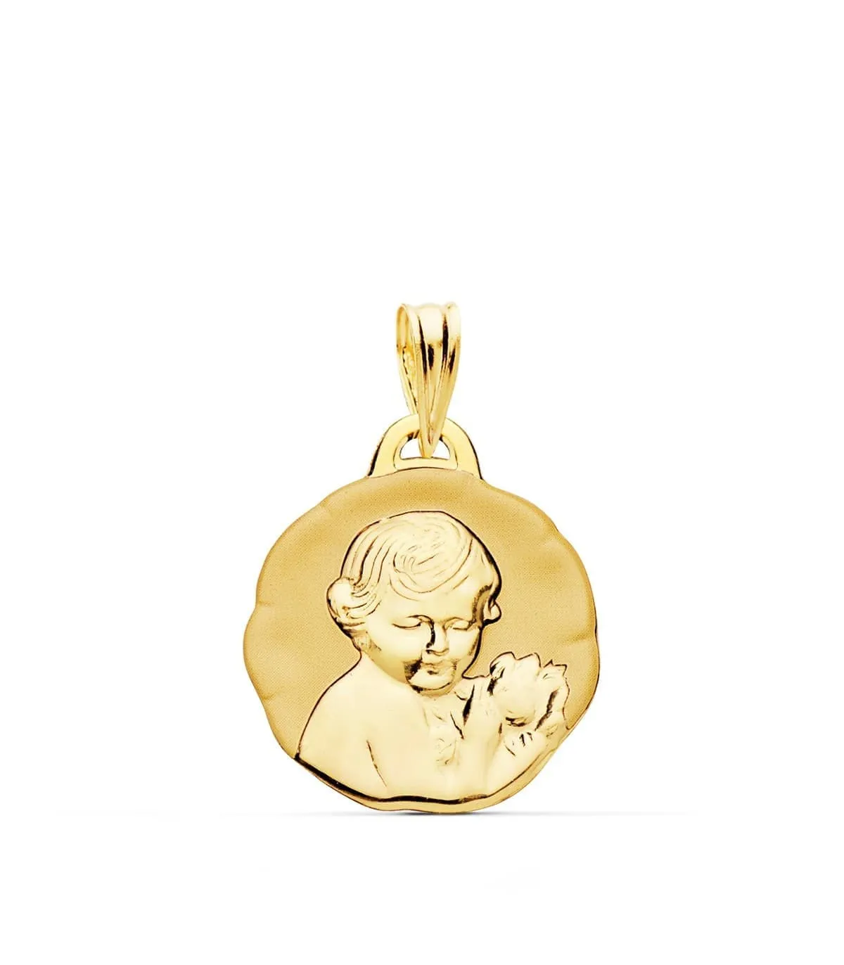 Medalla Dulce Niño de la flor Oro 18k 17mm Brillo