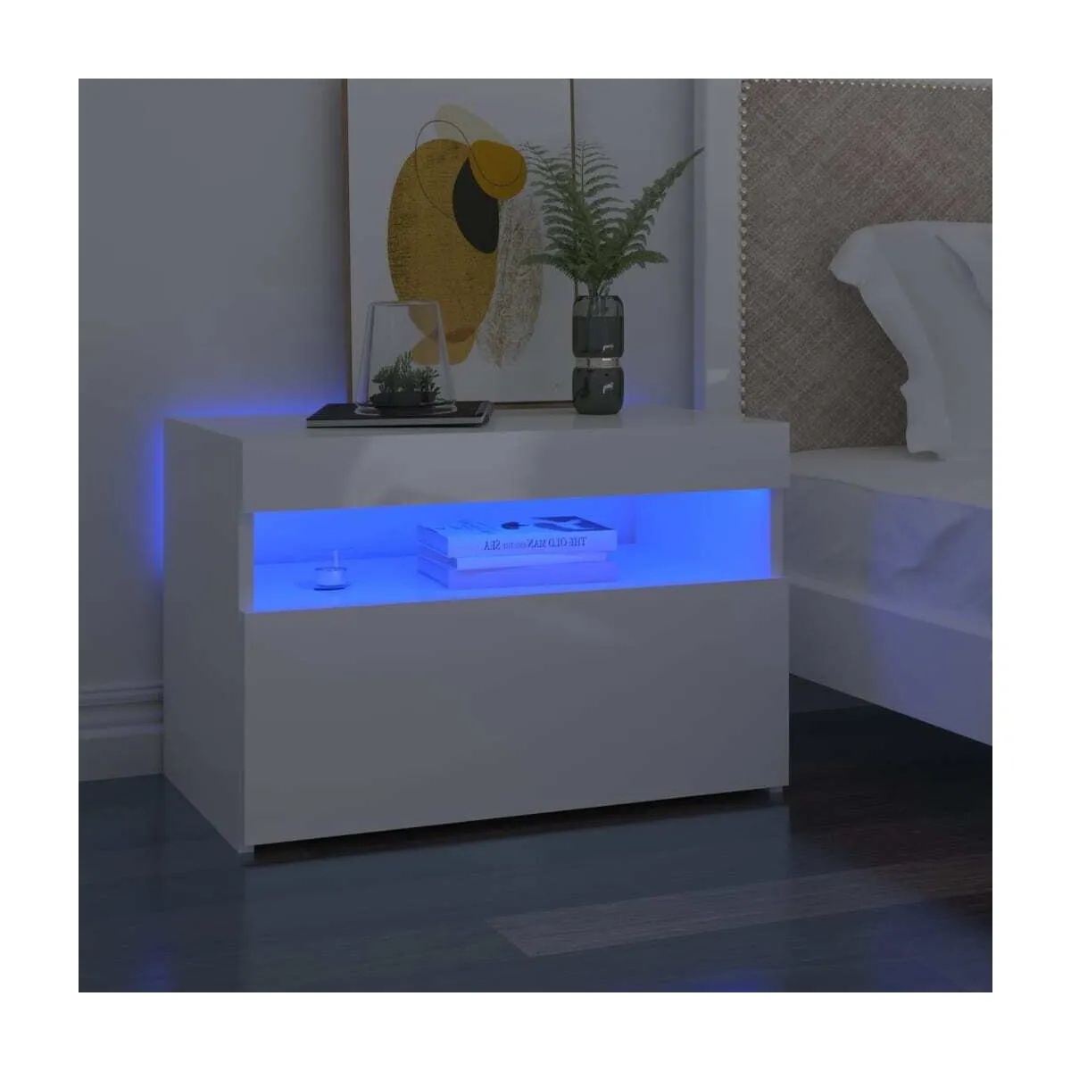 Mesita de noche con LED contrachapada blanco brillo 60x35x40