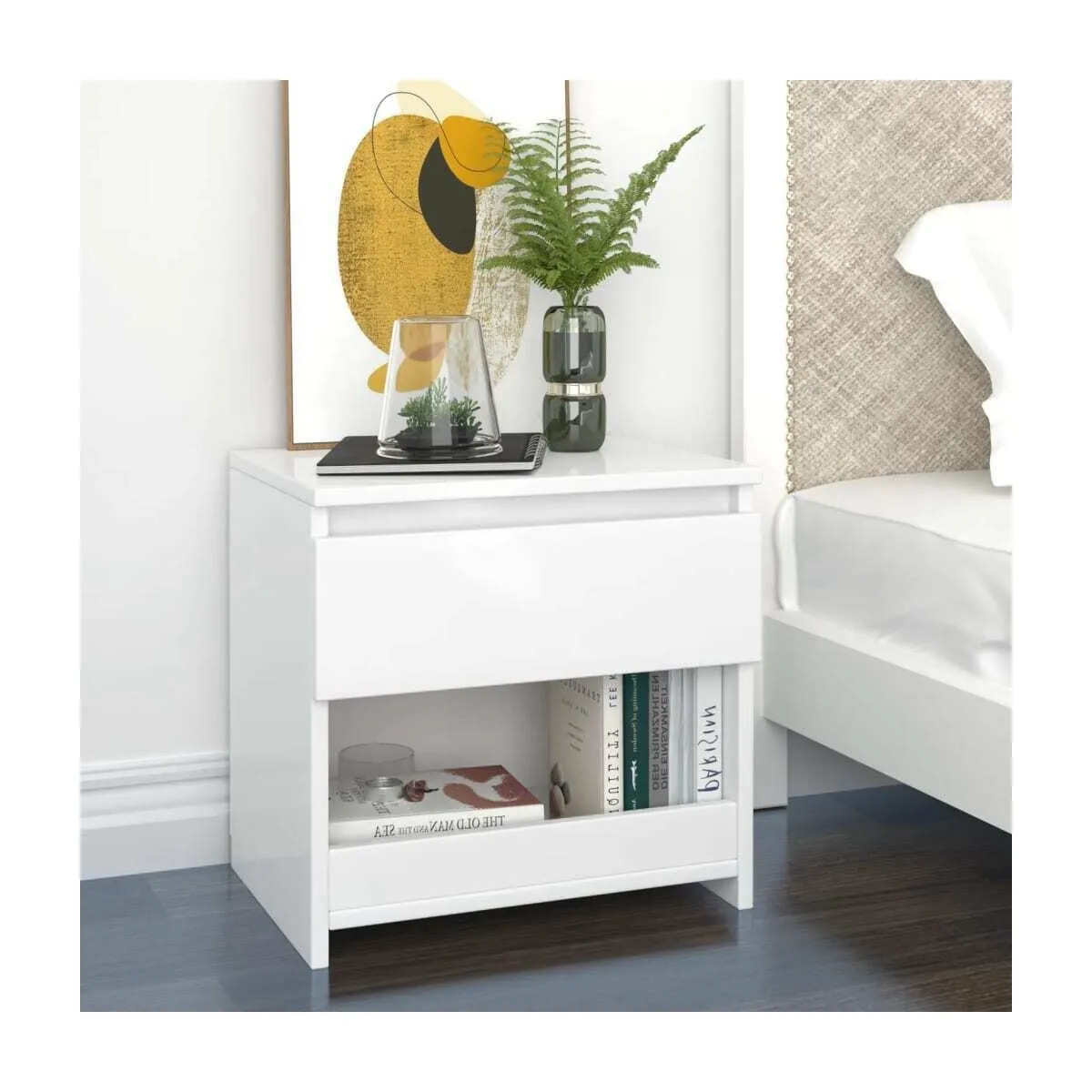 Mesita de noche madera contrachapada blanco brillo 40x30x39 cm