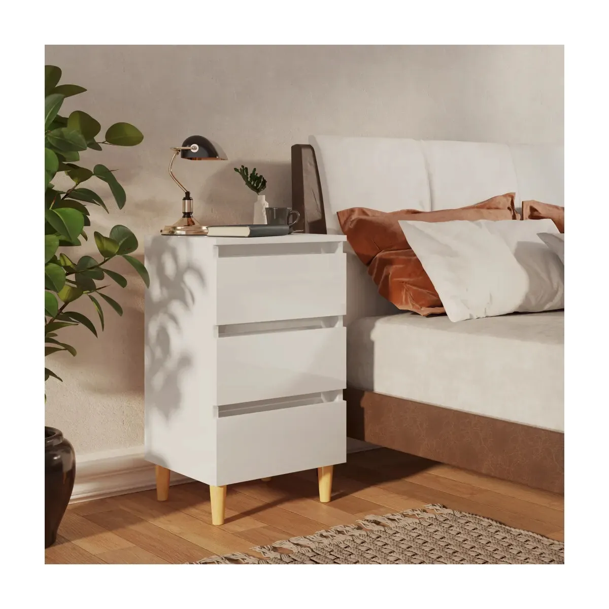 Mesita de noche patas madera 2 uds blanco brillo 40x35x69 cm