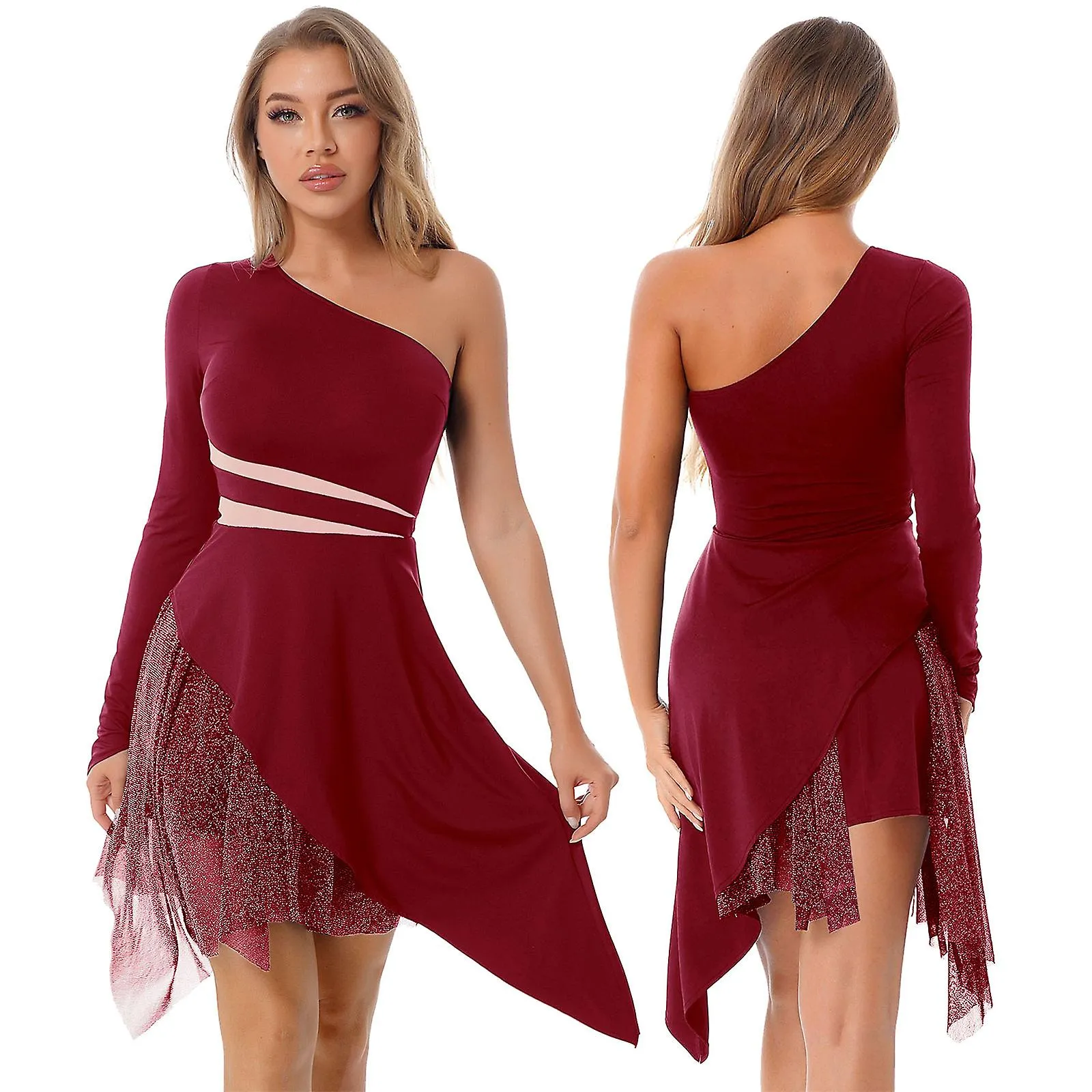 Otwoo Mujer Ballet Danza Latina Vestuario Vestido Dobladillo Asimétrico Bailarina Tutu Leotardo Vestido Lírico Moderno Danza Con