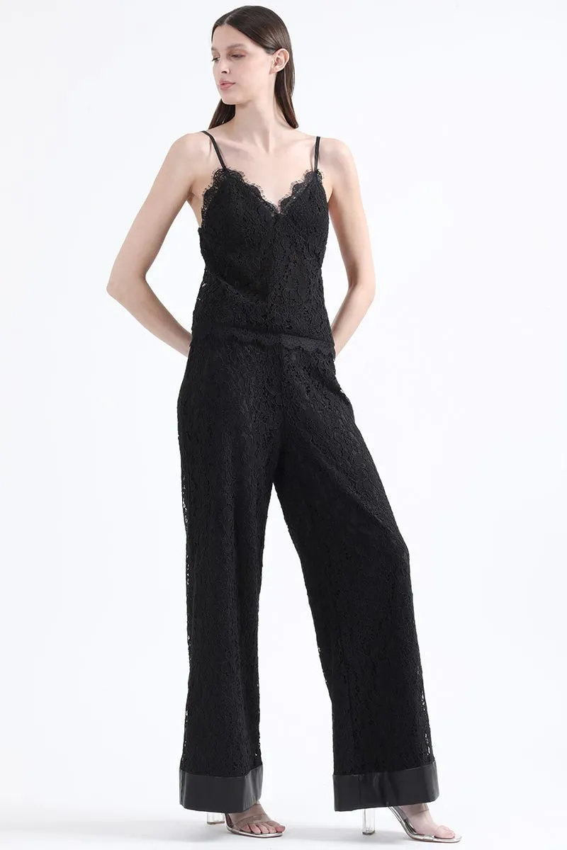 PANTALON ANCHO TIRO ALTO, ENCAJE, NEGRO