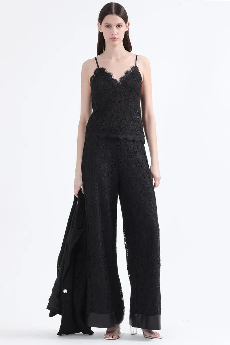 PANTALON ANCHO TIRO ALTO, ENCAJE, NEGRO