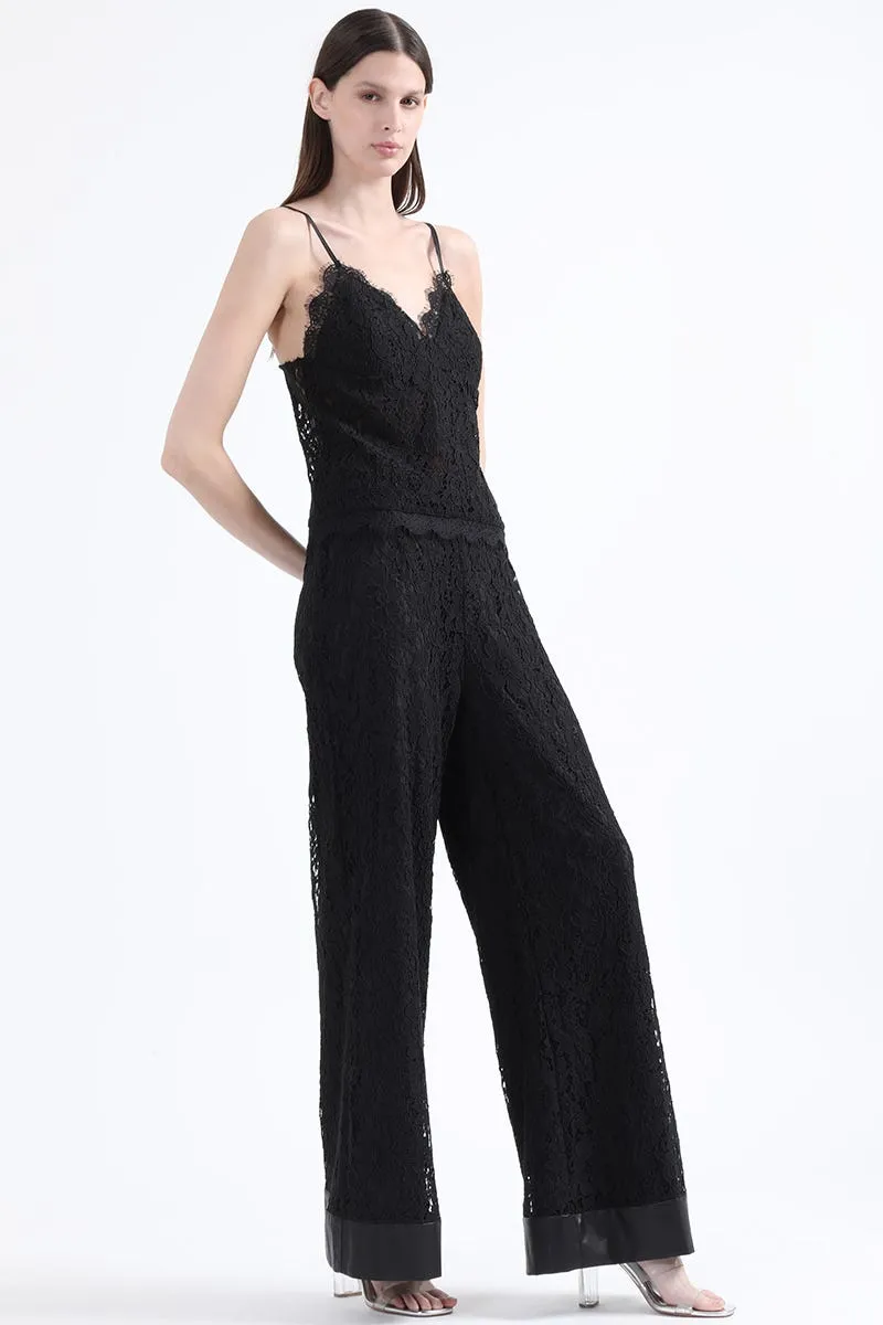 PANTALON ANCHO TIRO ALTO, ENCAJE, NEGRO