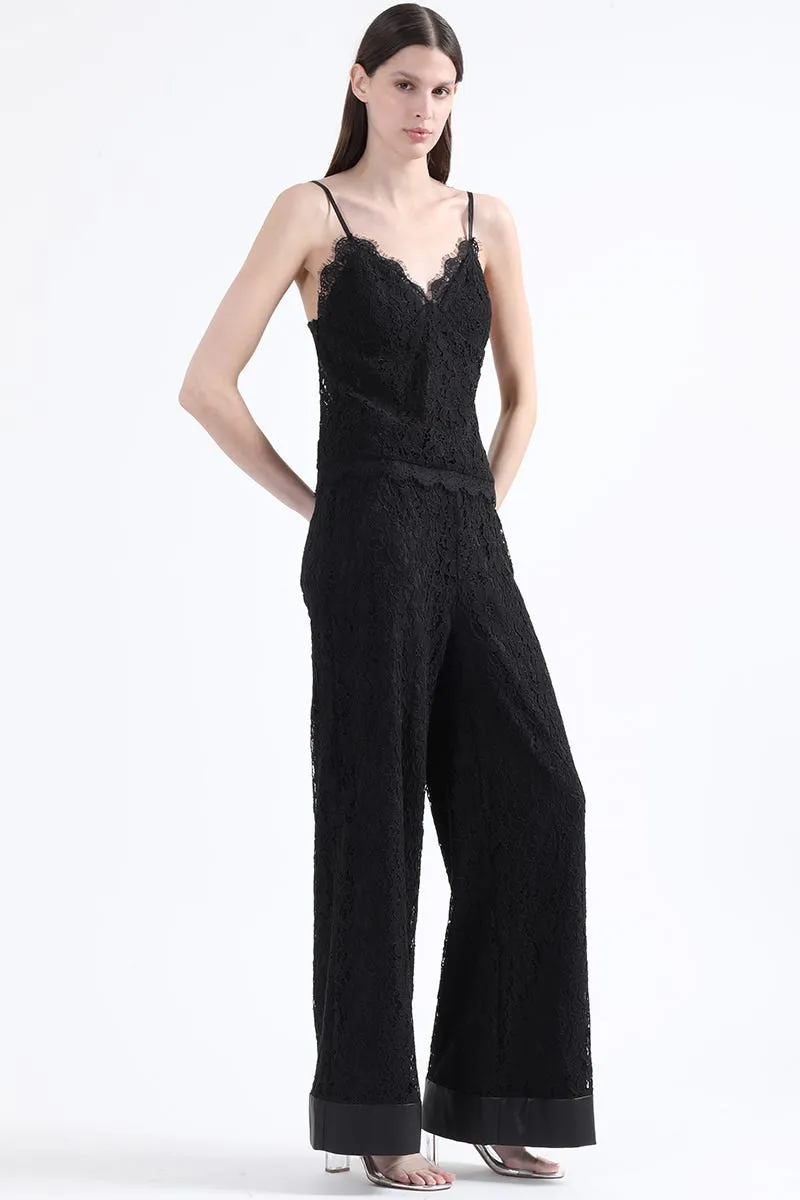 PANTALON ANCHO TIRO ALTO, ENCAJE, NEGRO