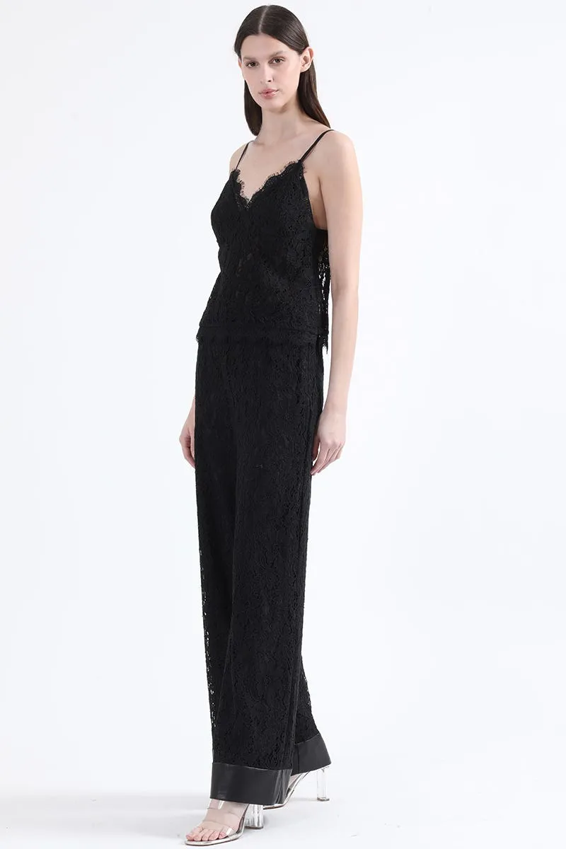 PANTALON ANCHO TIRO ALTO, ENCAJE, NEGRO