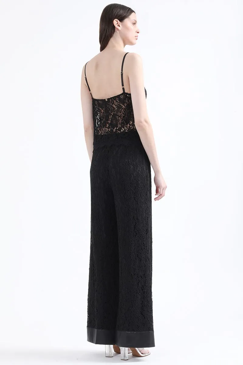 PANTALON ANCHO TIRO ALTO, ENCAJE, NEGRO