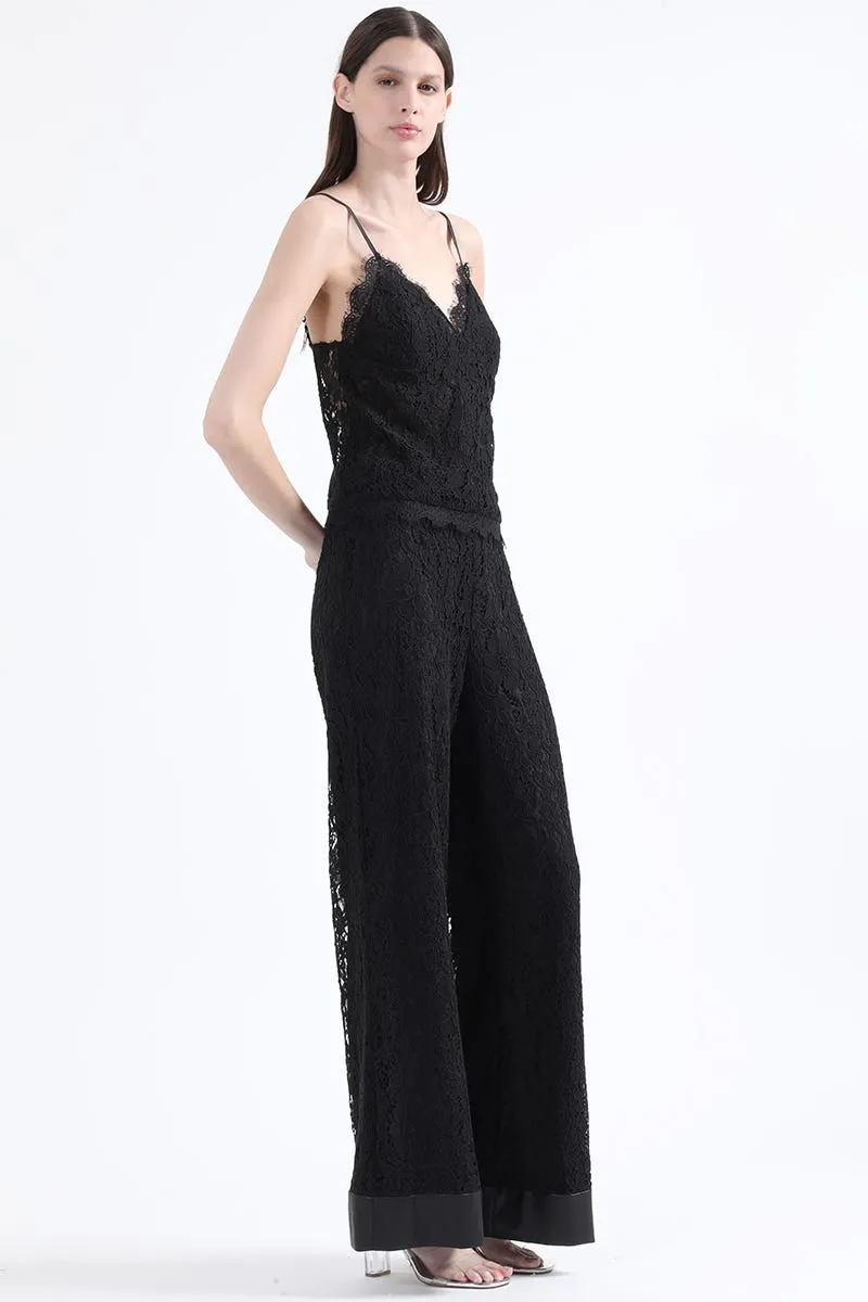 PANTALON ANCHO TIRO ALTO, ENCAJE, NEGRO