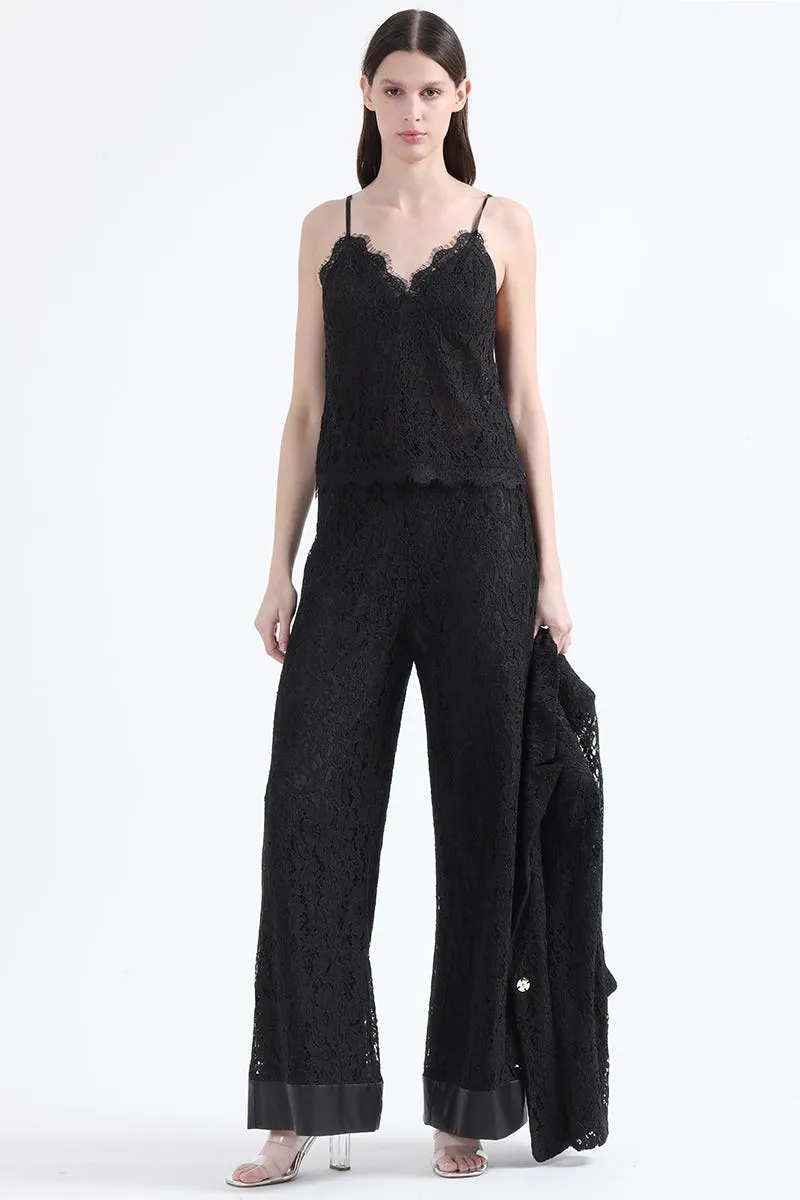 PANTALON ANCHO TIRO ALTO, ENCAJE, NEGRO